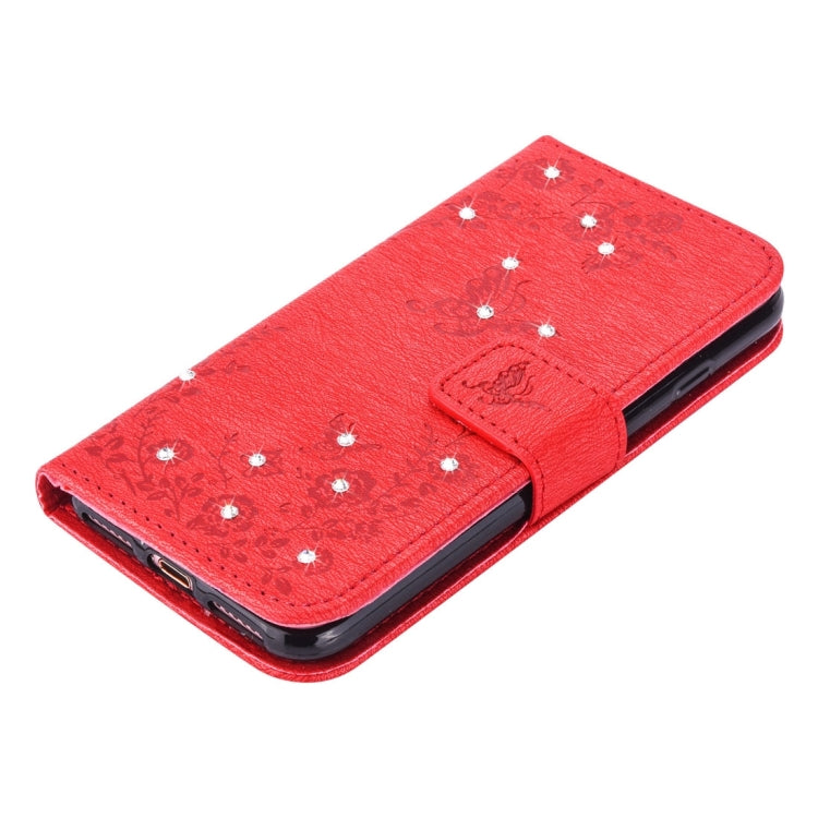For  iPhone 8 & 7  Diamante Butteryfly Pressed Flowers Pattern Horizontal Flip Leather Case with Holder & Card Slots & Wallet & Lanyard