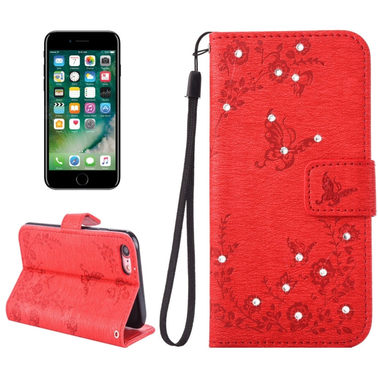 For  iPhone 8 & 7  Diamante Butteryfly Pressed Flowers Pattern Horizontal Flip Leather Case with Holder & Card Slots & Wallet & Lanyard