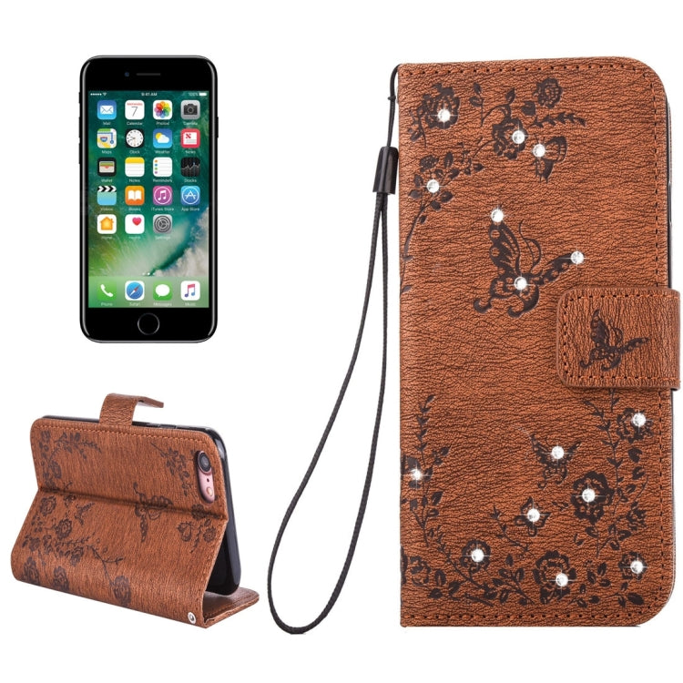 For  iPhone 8 & 7  Diamante Butteryfly Pressed Flowers Pattern Horizontal Flip Leather Case with Holder & Card Slots & Wallet & Lanyard