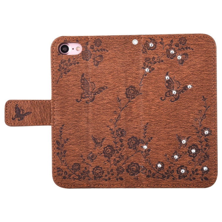 For  iPhone 8 & 7  Diamante Butteryfly Pressed Flowers Pattern Horizontal Flip Leather Case with Holder & Card Slots & Wallet & Lanyard