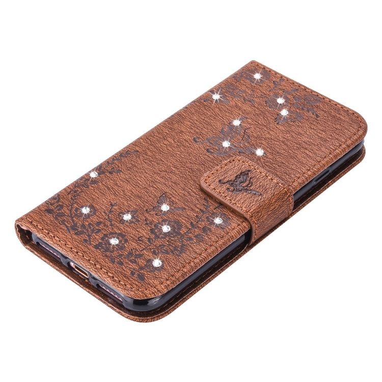 For  iPhone 8 & 7  Diamante Butteryfly Pressed Flowers Pattern Horizontal Flip Leather Case with Holder & Card Slots & Wallet & Lanyard