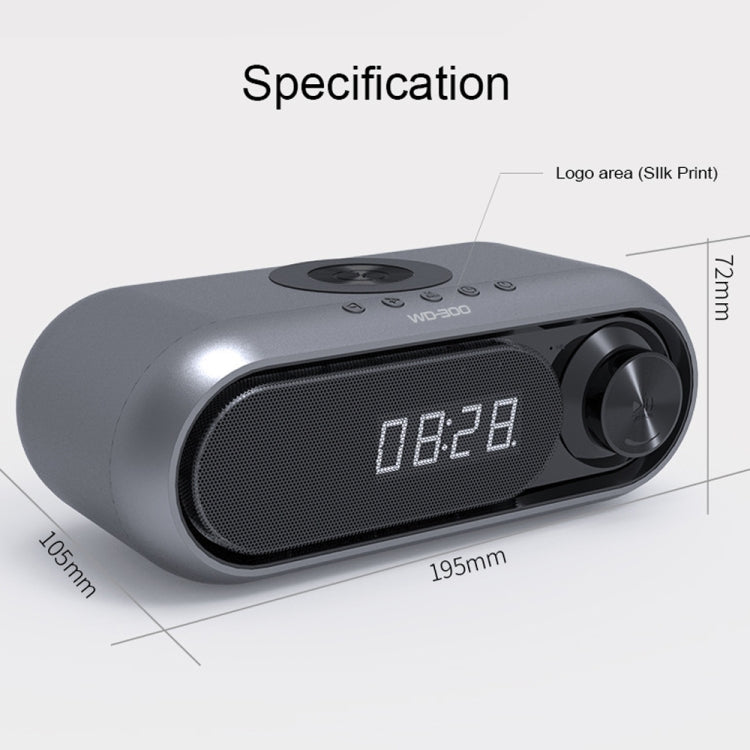 WD-300 LED Clock / Alarm Bluetooth Speaker with Wireless Charger & FM & TF Card Slot & 3.5mm Jack & Hands-free Call Function