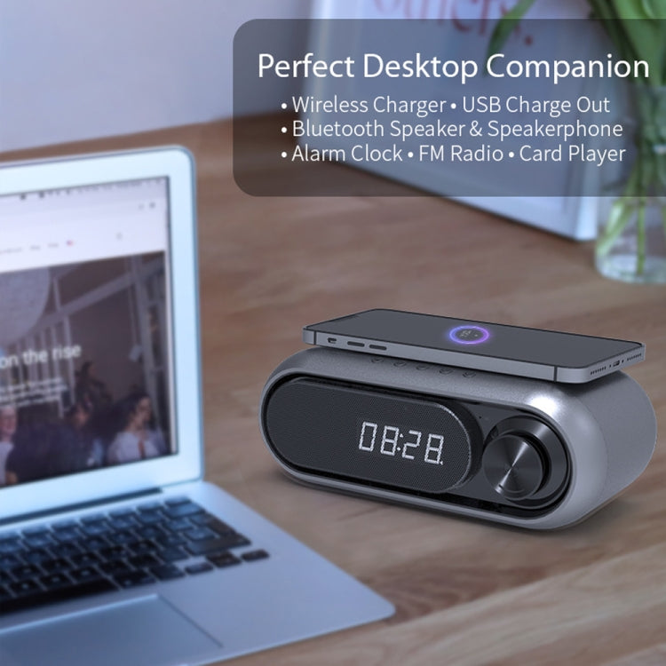 WD-300 LED Clock / Alarm Bluetooth Speaker with Wireless Charger & FM & TF Card Slot & 3.5mm Jack & Hands-free Call Function