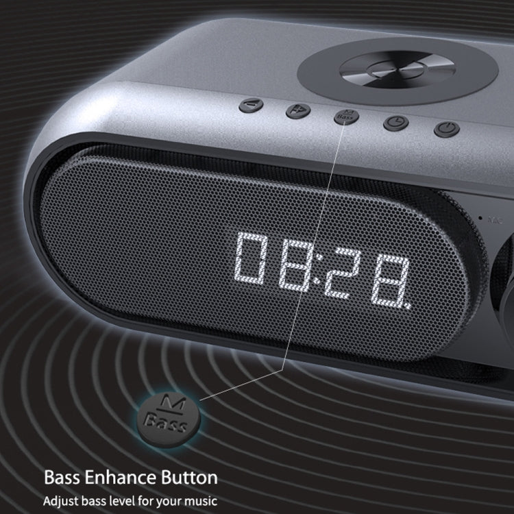 WD-300 LED Clock / Alarm Bluetooth Speaker with Wireless Charger & FM & TF Card Slot & 3.5mm Jack & Hands-free Call Function