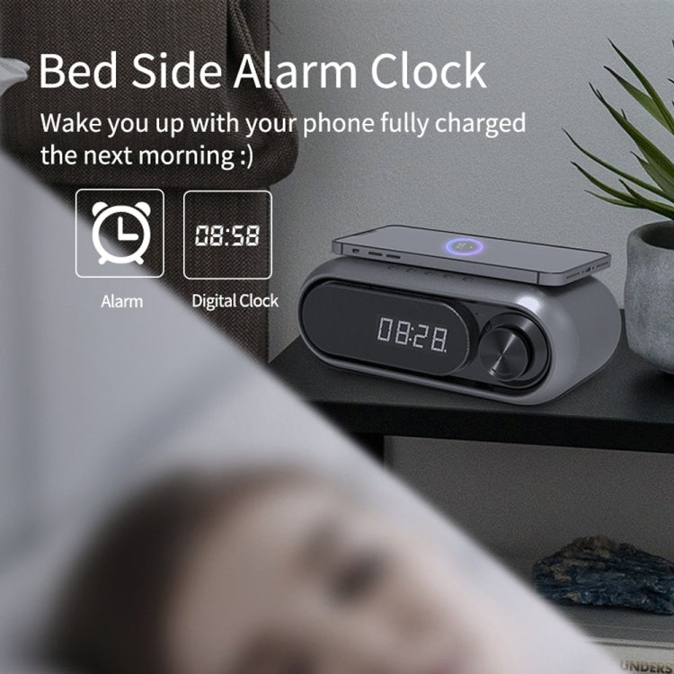 WD-300 LED Clock / Alarm Bluetooth Speaker with Wireless Charger & FM & TF Card Slot & 3.5mm Jack & Hands-free Call Function