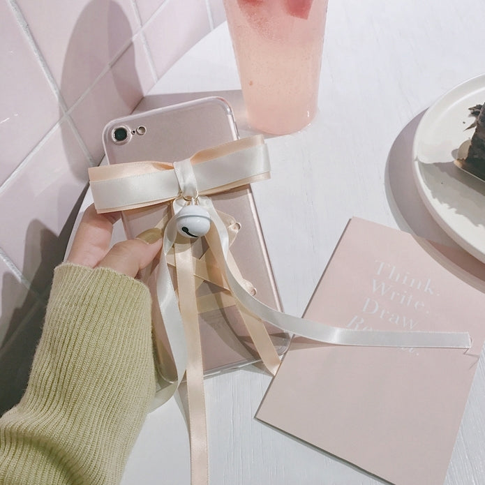 For  iPhone 8 & 7  Cute Bell and Bowknot Ribbon Transparent Protective Back Cover Case (Apricot)