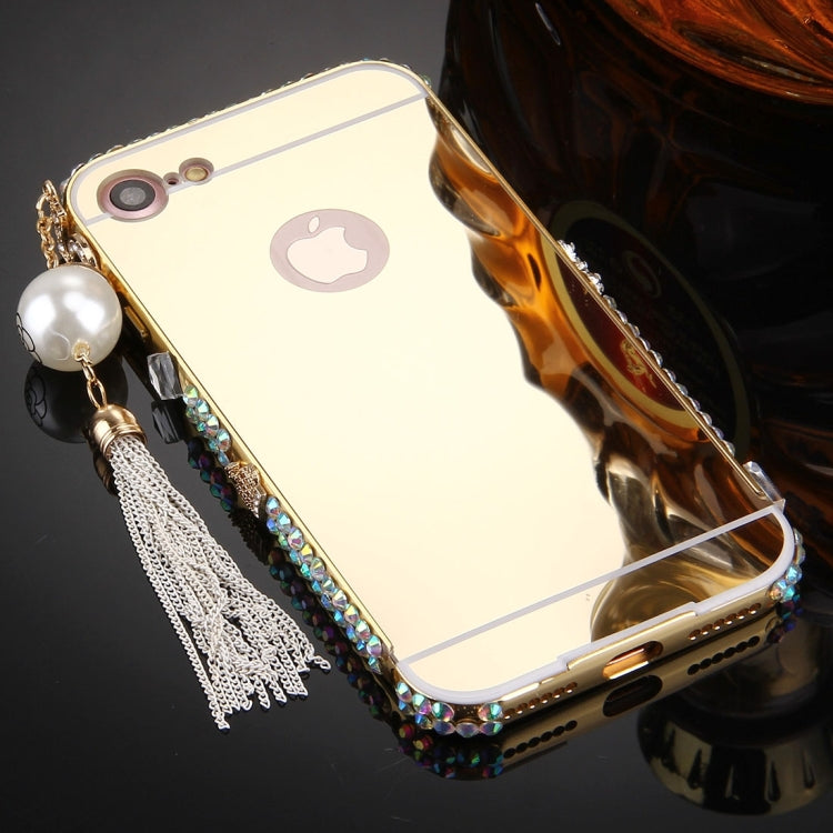 For  iPhone 8 & 7  Pearl Chain Pendant Diamond Encrusted Electroplating Mirror PC Protective Cover Case(Gold)