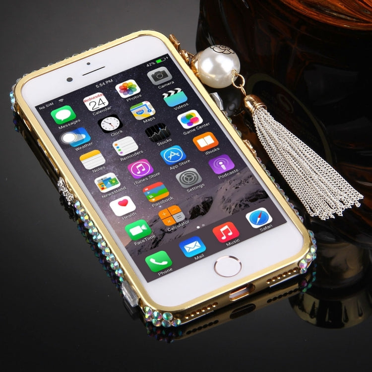 For  iPhone 8 & 7  Pearl Chain Pendant Diamond Encrusted Electroplating Mirror PC Protective Cover Case(Gold)