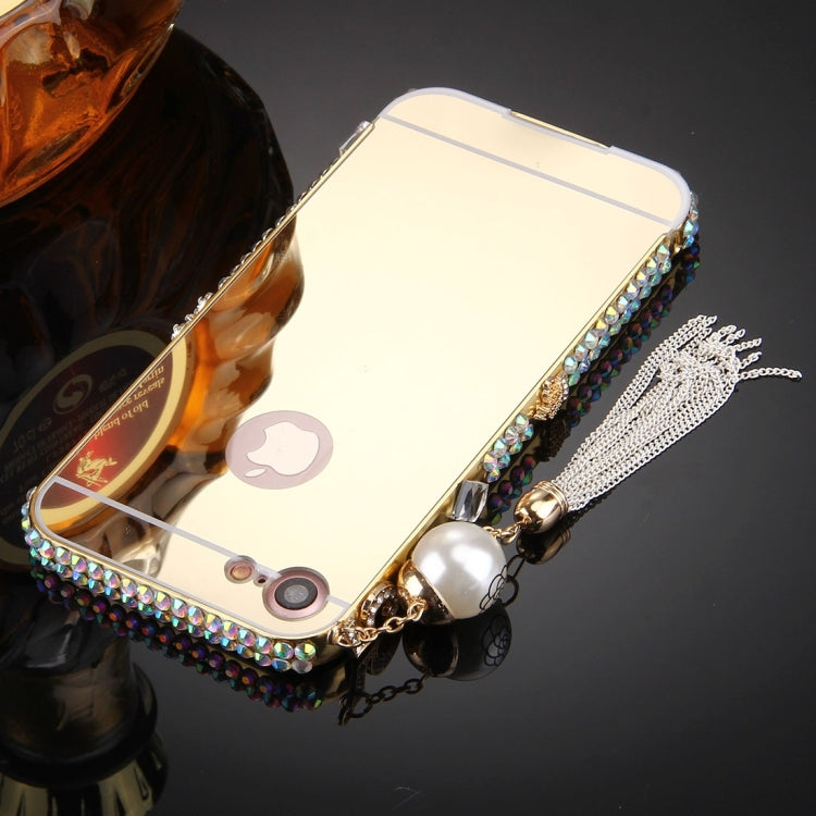 For  iPhone 8 & 7  Pearl Chain Pendant Diamond Encrusted Electroplating Mirror PC Protective Cover Case(Gold)