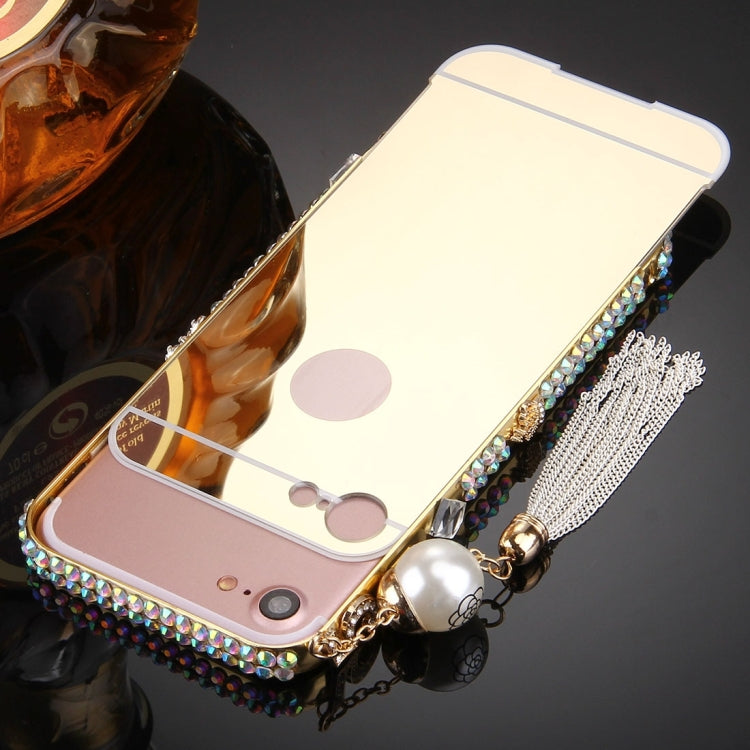 For  iPhone 8 & 7  Pearl Chain Pendant Diamond Encrusted Electroplating Mirror PC Protective Cover Case(Gold)