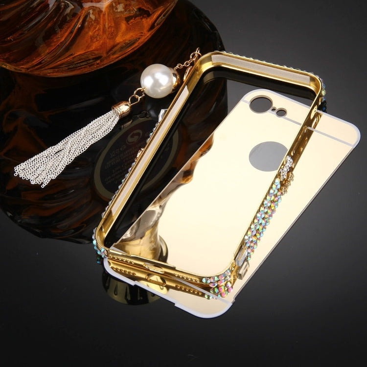 For  iPhone 8 & 7  Pearl Chain Pendant Diamond Encrusted Electroplating Mirror PC Protective Cover Case(Gold)