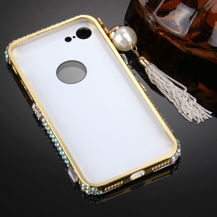 For  iPhone 8 & 7  Pearl Chain Pendant Diamond Encrusted Electroplating Mirror PC Protective Cover Case(Gold)