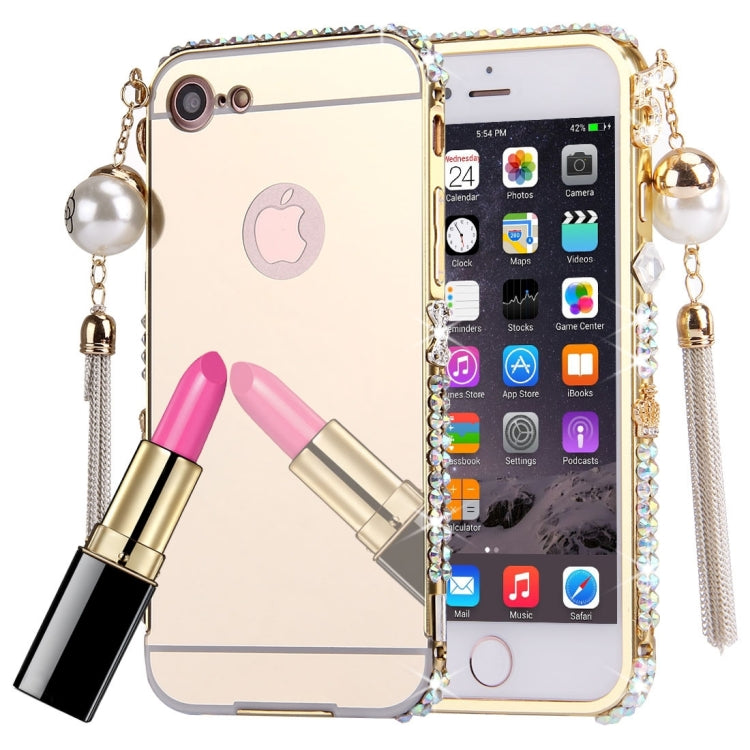 For  iPhone 8 & 7  Pearl Chain Pendant Diamond Encrusted Electroplating Mirror PC Protective Cover Case(Gold)