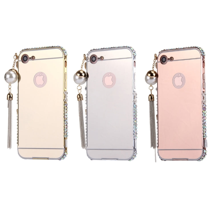 For  iPhone 8 & 7  Pearl Chain Pendant Diamond Encrusted Electroplating Mirror PC Protective Cover Case(Gold)