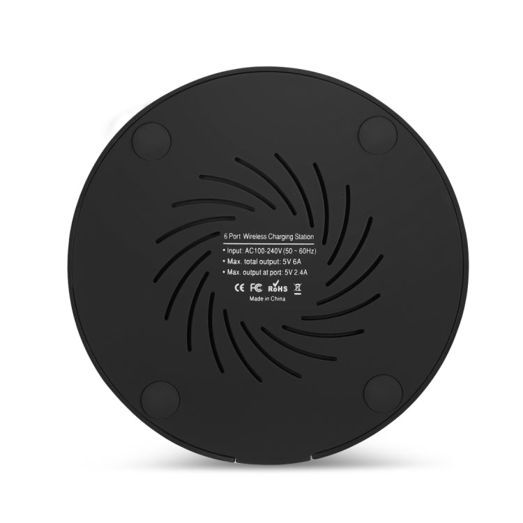 30W 6A 6 USB Ports Quick Charger + Wireless Charger, US Plug For iPhone, Galaxy, Huawei, Xiaomi, LG, HTC and Other QI Standard Smart Phones (Black)