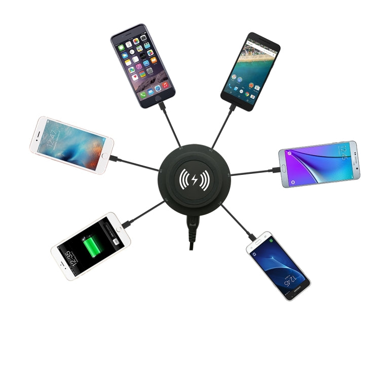 30W 6A 6 USB Ports Quick Charger + Wireless Charger, US Plug For iPhone, Galaxy, Huawei, Xiaomi, LG, HTC and Other QI Standard Smart Phones (Black)