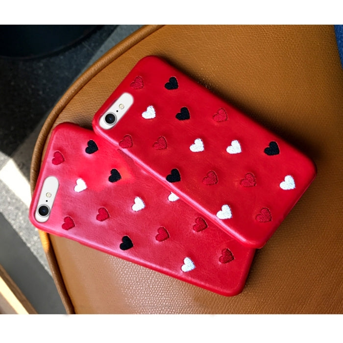 For  iPhone 8 & 7  Embroidery Heart Shockproof PU Protective Back Cover Case (Red)