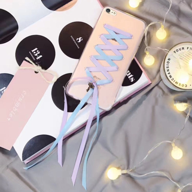 For  iPhone 8 & 7  Ribbon Style Transparent Soft TPU Protective Back Cover Case(Pink + Blue)