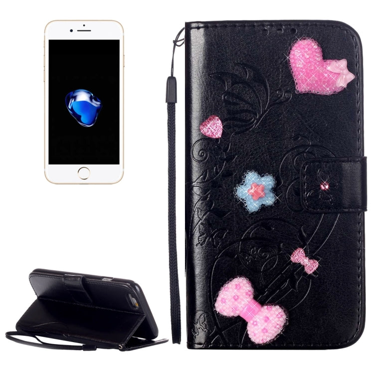 For  iPhone 8 & 7  Heart Diamond Encrusted Flowers Embossing Horizontal Flip Leather Case with Holder & Card Slots & Wallet & Lanyard