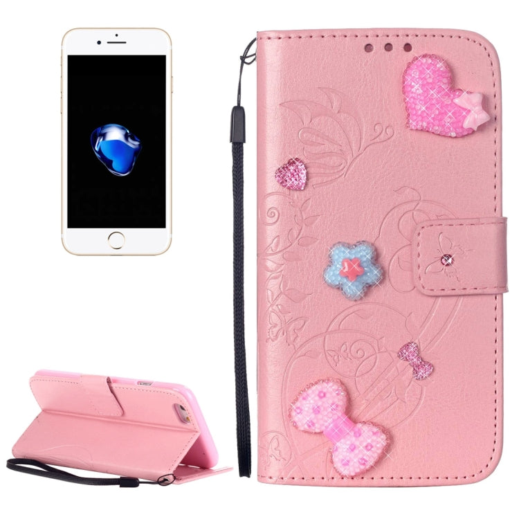 For  iPhone 8 & 7  Heart Diamond Encrusted Flowers Embossing Horizontal Flip Leather Case with Holder & Card Slots & Wallet & Lanyard