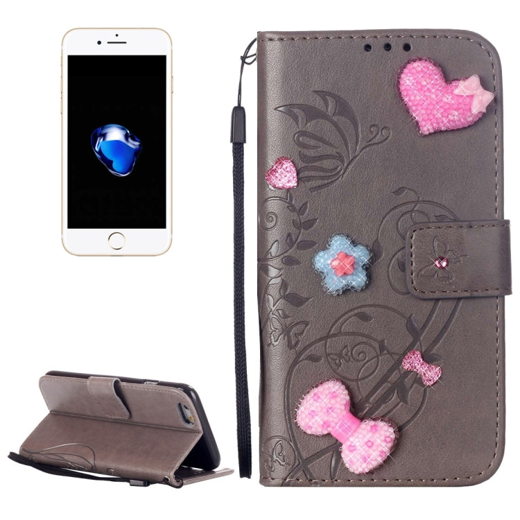 For  iPhone 8 & 7  Heart Diamond Encrusted Flowers Embossing Horizontal Flip Leather Case with Holder & Card Slots & Wallet & Lanyard
