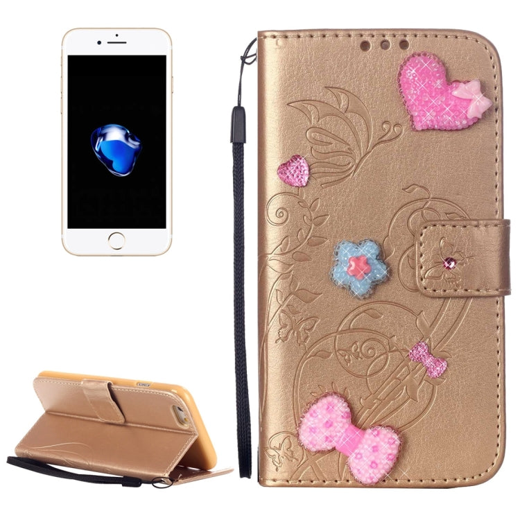 For  iPhone 8 & 7  Heart Diamond Encrusted Flowers Embossing Horizontal Flip Leather Case with Holder & Card Slots & Wallet & Lanyard
