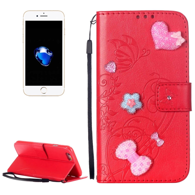 For  iPhone 8 & 7  Heart Diamond Encrusted Flowers Embossing Horizontal Flip Leather Case with Holder & Card Slots & Wallet & Lanyard