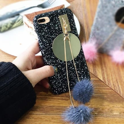 For iPhone 8 Plus & 7 Plus   Glitter Powder Sequins Protective Cover Case with Fox Hair Bulb Pendant