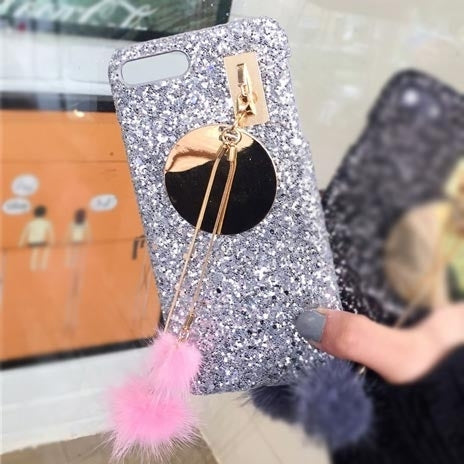 For iPhone 8 Plus & 7 Plus   Glitter Powder Sequins Protective Cover Case with Fox Hair Bulb Pendant