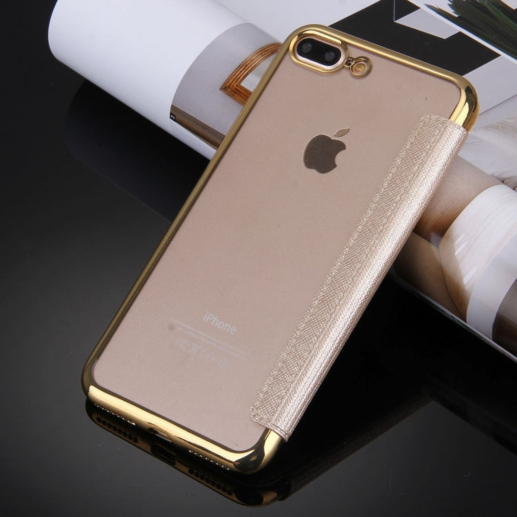 For iPhone 8 Plus & 7 Plus   Cross Texture Electroplating TPU Back Cover Horizontal Flip Leather Case with Call Display ID