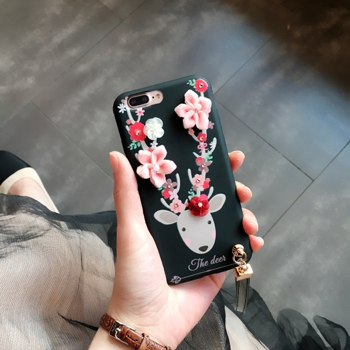 For iPhone 8 Plus & 7 Plus   3D Flowers and Deer Pattern Soft TPU Back Cover Case with Lanyard