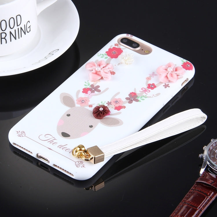 For iPhone 8 Plus & 7 Plus   3D Flowers and Deer Pattern Soft TPU Back Cover Case with Lanyard