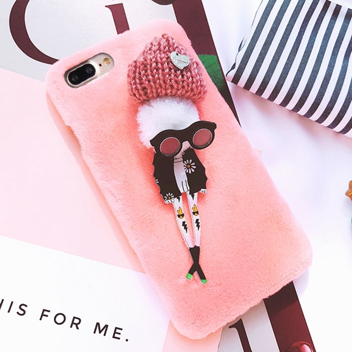 2 PCS For iPhone 8 Plus & 7 Plus   3D Lovers Doll Plush Cloth Protective Back Cover Case