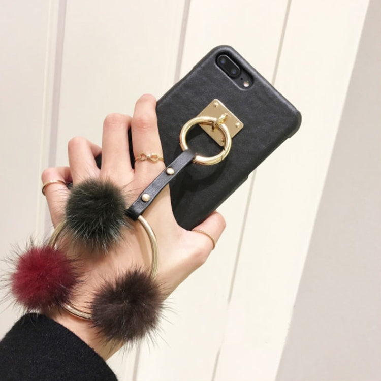 For iPhone 8 Plus & 7 Plus   PU Leather Protective Back Cover Case with Metal Ring Fur Ball Pandent (Black)
