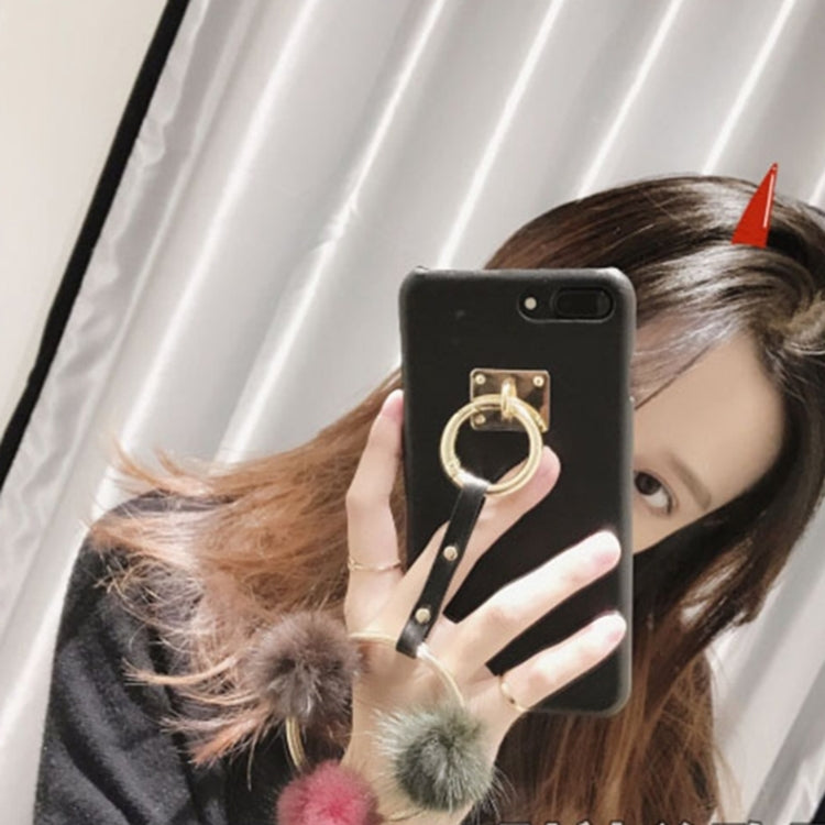 For iPhone 8 Plus & 7 Plus   PU Leather Protective Back Cover Case with Metal Ring Fur Ball Pandent (Black)