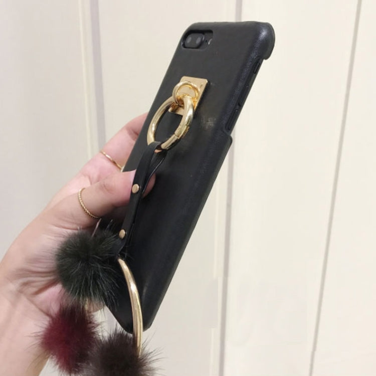 For iPhone 8 Plus & 7 Plus   PU Leather Protective Back Cover Case with Metal Ring Fur Ball Pandent (Black)