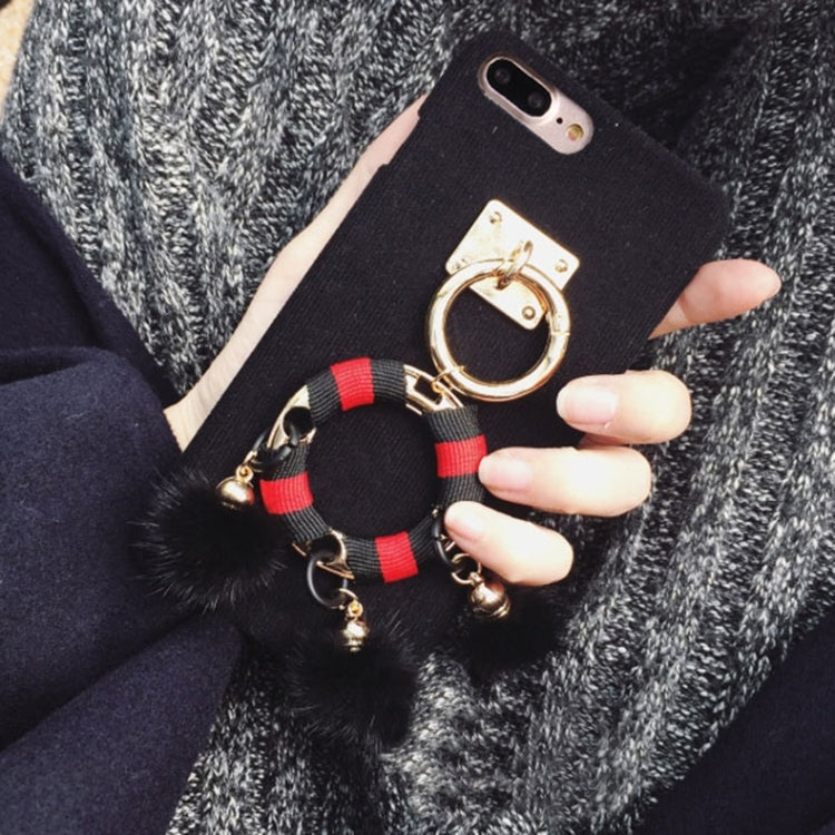 For iPhone 8 Plus & 7 Plus   Corduroy Cloth Protective Back Cover Case with Metal Ring & Fur Ball Pandent
