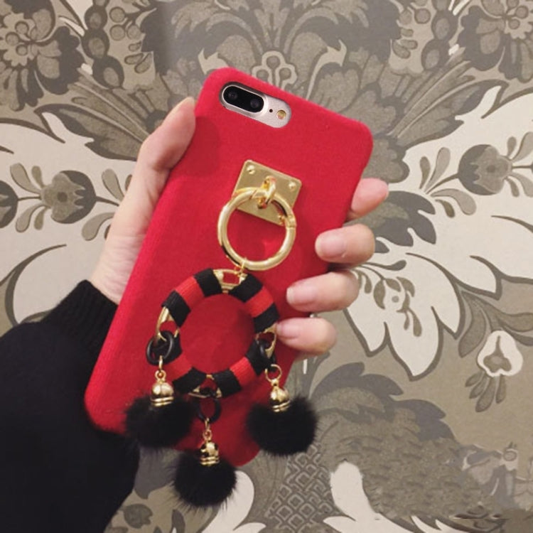 For iPhone 8 Plus & 7 Plus   Corduroy Cloth Protective Back Cover Case with Metal Ring & Fur Ball Pandent