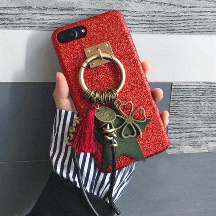 For iPhone 8 Plus & 7 Plus   Glitter Powder Soft Protective Back Cover Case with Retro Star & Clover & Tassels Pandent (Red)