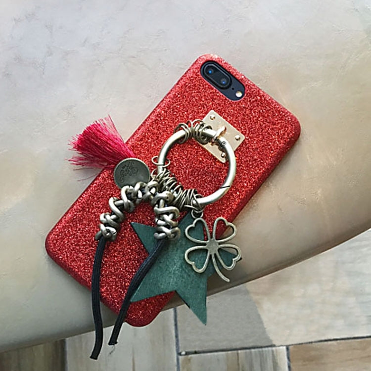 For iPhone 8 Plus & 7 Plus   Glitter Powder Soft Protective Back Cover Case with Retro Star & Clover & Tassels Pandent (Red)