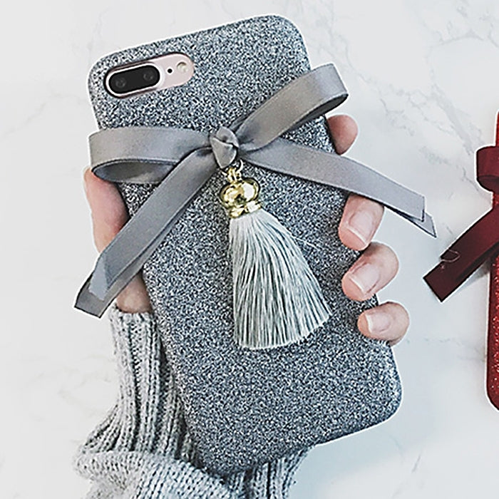 For iPhone 8 Plus & 7 Plus   3D Ribbon Bowknot Glitter Powder Protective Back Cover Case with Tassels Pandent