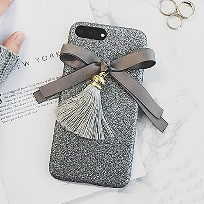 For iPhone 8 Plus & 7 Plus   3D Ribbon Bowknot Glitter Powder Protective Back Cover Case with Tassels Pandent
