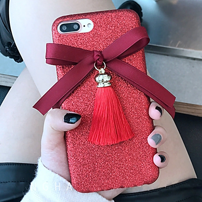 For iPhone 8 Plus & 7 Plus   3D Ribbon Bowknot Glitter Powder Protective Back Cover Case with Tassels Pandent