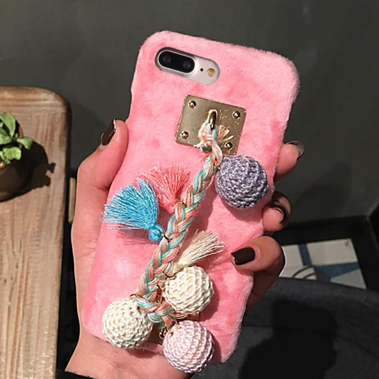 For iPhone 8 Plus & 7 Plus   Plush Protective Back Cover Case with Hand Chain Colorful Knitting Wool Ball & Tassels Pandent