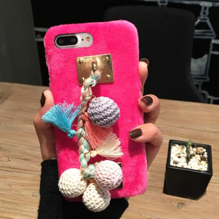 For iPhone 8 Plus & 7 Plus   Plush Protective Back Cover Case with Hand Chain Colorful Knitting Wool Ball & Tassels Pandent