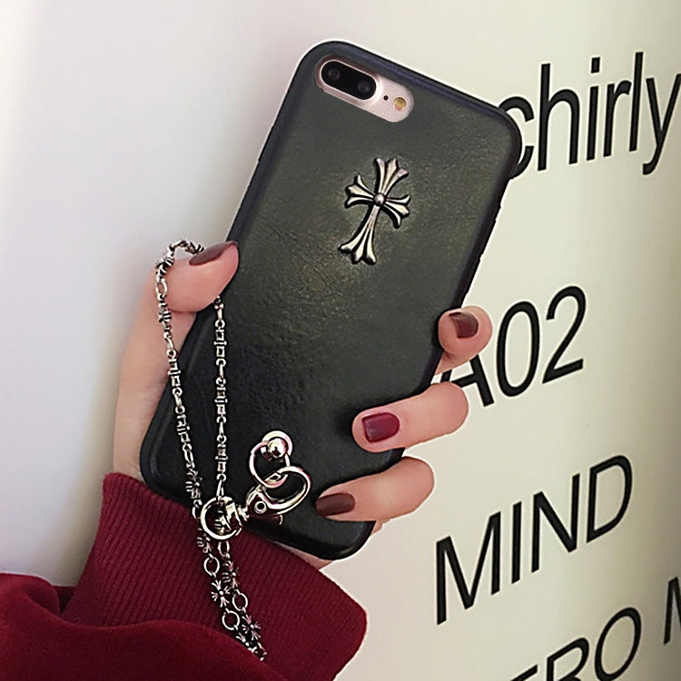 For iPhone 8 Plus & 7 Plus   Metal Cross PU Leather Protective Back Cover Case with Hand Chain (Black)