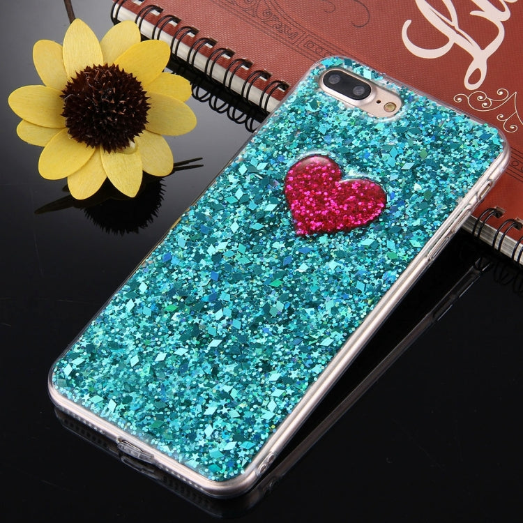 For iPhone 8 Plus & 7 Plus   Green Glitter Powder Heart Pattern TPU Bumper Frame Protective Hard Back Cover Case