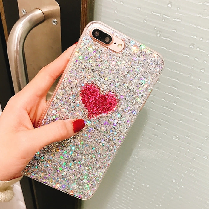 For iPhone 8 Plus & 7 Plus   Red Heart Shape Glitter Powder Soft TPU Protective Back Cover Case (White)