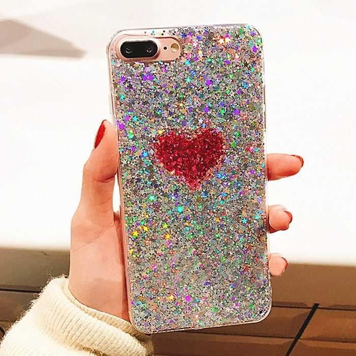 For iPhone 8 Plus & 7 Plus   Red Heart Shape Glitter Powder Soft TPU Protective Back Cover Case (White)