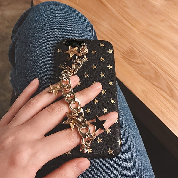 For iPhone 8 Plus & 7 Plus   Gold Stars Pattern Protective Back Cover Case with Metal Star Pandent Hand Chain (Black)